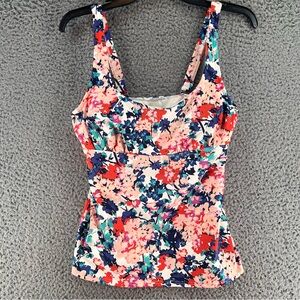 Lands End Womens Tankini Swim Top Sz 6DD Underwire Built-In-Bra Red Peach Floral